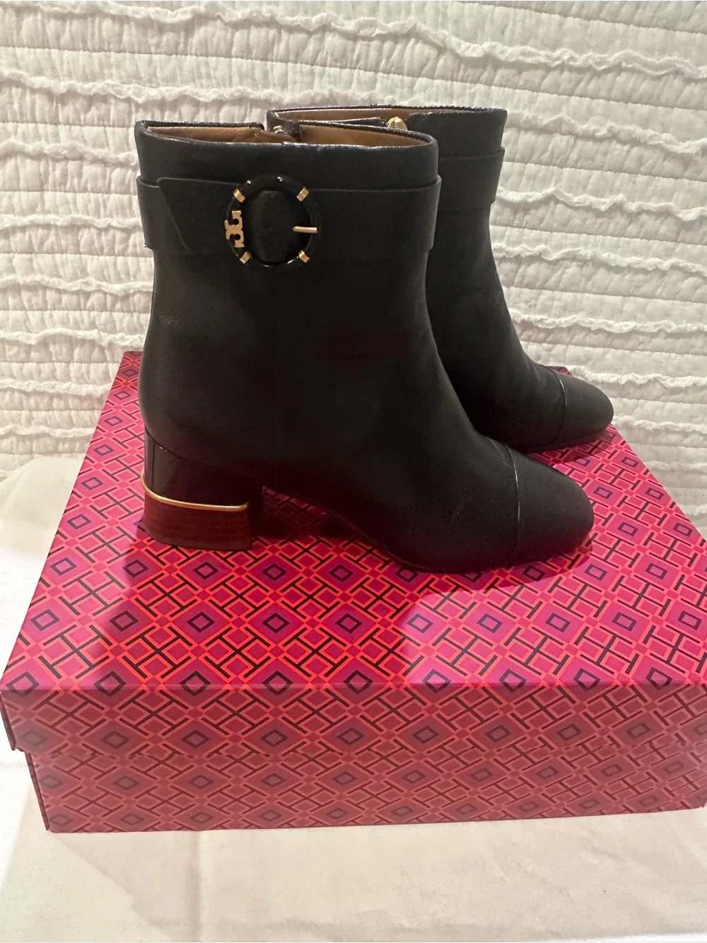 Tory Burch Multi Logo Heel Ankle Boot Goat Leather Black Size 7